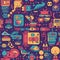 Seamless 80s Retro Pattern with Video Game Theme