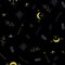 seamless abstract dark graphic pattern with moon stars leaves and arrows mystical theme for wallpaper and fabric decor