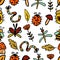 Seamless abstract decorative autumn pattern. Mushrooms, insects, flower and autumn leaves. Bee, dragonfly, beetle, butterfly, worm