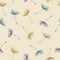 Seamless abstract floral pattern of dandelion flying seeds in pastel colors on beige background. Vintage retro style