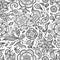 Seamless abstract floral pattern with flowers, petals, leaves, seeds, plants in black white for coloring page