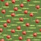 Seamless abstract floral print of red tulips, light zigzags imitating grass, green background