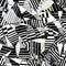 Seamless abstract geometric background pattern, with triangles, lines, paint strokes and splashes, black and white