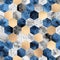 Seamless abstract geometric pattern with gold foil, gray marble and deep blue watercolor hexagons