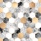 Seamless abstract geometric pattern with gold foil, gray marble and watercolor hexagons