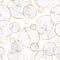 Seamless abstract geometric stone pattern with gold lines and gray marble circles on white background