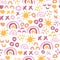 Seamless abstract kids painted sun and rainbow pattern. Doodle background children. Hand drawn repeating simple