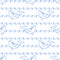 Seamless abstract marine pattern. Blue outline orca whale and blue line waves on white background. Killer whale in ocean, animal