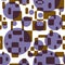 Seamless abstract pattern of geometric shapes. Brown rectangles and lilac circles overlaid.