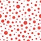 Seamless abstract pattern of little and big red circles and red dots on white background. Kaleidoscope