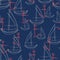 Seamless abstract pattern with sketched red anchor and white sailboat with a navy background.