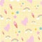Seamless abstract pattern unicorn silhouette, rainbow, stars and ice cream on yellow textured background