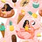 Seamless abstract pattern with woman floating on inflatable ring and cute elements.