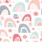 Seamless abstract repeat pattern of sunshine, rain and rainbows. A happy vector geometric design ideal for children.