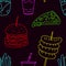 Seamless Abstract Street Foods Pattern, Neon Icons Pattern, Vector Illustration EPS 10.