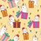 Seamless adorable cat characters and gift boxes in the party pattern