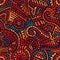 Seamless african pattern. Ethnic and tribal motifs. Orange, red, yellow, blue and black colors. Grunge texture. Vintage print for