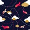 Seamless airplane pattern. Aircraft in clouds. Cartoons style. Colorful plane on dark background. Kids boy plane pattern