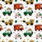 Seamless animal drivers pattern. Cute forest characters in different funny cartoon vehicles. Emergency and all terrain
