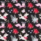 Seamless animal pattern for children. Unicorns, winged kittens and funny horned foxes, flowers and birds isolated on black