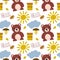 Seamless animal pattern. Cute teddy bear with a barrel of honey. Sun, cloud and botanical elements. Positive inscriptions. Cartoon