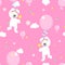 Seamless animal wildlife cute white teddy bear holding balloon,flower and star in the sky repeat pattern in pink background