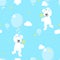 Seamless animal wildlife cute white teddy bear holding balloon and star in the sky with cloud repeat pattern in blue background