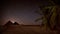 Seamless animation desert sand storm at night with palm trees, shining stars, and pyramids background landscape