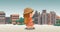 Seamless animation of little cartoon girl walking on the street with cityscape sight scene background 4k loop