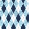 Seamless argyle aged pattern. Traditional diamond check print in moderate blue, soft blue and white with black stitch and grunge