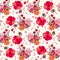 Seamless artistic pattern with huge poppies, acoustic guitars and bunchs of ggarden flowers. Print for fabric, wallpaper