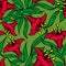 seamless asymmetric graphic pattern of red flowers on a green background