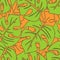 seamless asymmetric pattern of green tropical leaves on a red background