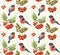 Seamless autumn pattern with bullfinch and rowan b