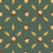 Seamless autumn pattern with cartoon style acorn yellow oak tree leaves arranged in ornament on dark green background. Fall nature