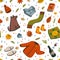 Seamless autumn pattern. Fall season essentials warm clothes, pillow, Porto, autumn berries and leaves, book, and cute