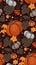 Seamless autumn pattern with pumpkins, foliage and vine curls. Vector flat texture with vegetables, dots and leaves. Warm color