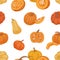 Seamless autumn pattern with pumpkins and squashes on white background. Endless repeatable texture of autumnal orange