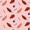 Seamless autumn pattern. Red falling leaves, berry branches and an acorn. Color vector illustration.