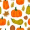 Seamless Autumn Theme Pattern, Pumpkins And Autumn Leaves Pattern, Vector Illustration EPS 10.