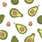 Seamless avocado pattern, avocado slices in kawaii style on white background. Vector EPS10