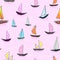 Seamless baby kids pattern Hand drawing colorful yachts vector. Many small colored sail boats on pink background.