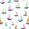 Seamless baby kids pattern Hand drawing colorful yachts vector. Many small colored sail boats on white background.