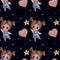 Seamless baby pattern. Cute girl with haircut reaches for star on black background with hearts. Watercolor. kids