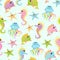 Seamless baby pattern with fish in sea. Bright children cartoon background with sea horse and  jellyfish in ocean. Baby shower pat