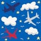 Seamless baby pattern with flying planes and clouds