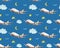 Seamless baby pattern with flying planes,clouds, moons, stars in night sky in watercolor style