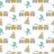 Seamless baby pattern. Many small locomotives on white background.