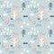 Seamless baby pattern with trees and other plants, Doodle elements. Hand drawn vector background. Pink, blue, cyan and white