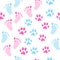 Seamless background with baby footprint and animal paws